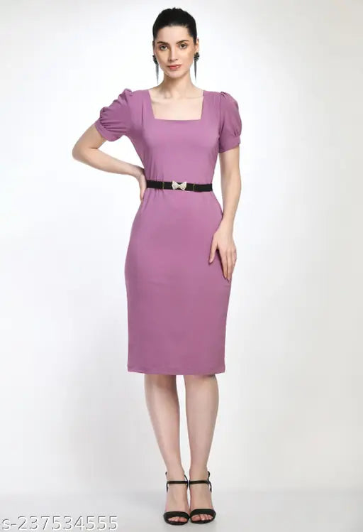 Women Elegant Solid Belted Sheath long bodycon trendy formal and classic elegant  trendy Dress
