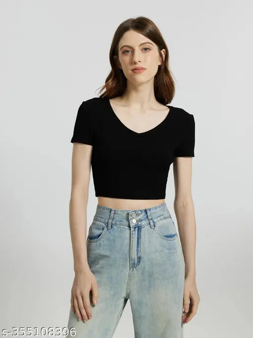 Women Casual Wear V Neck Half Sleeve Cotton Blend Ribbed Crop Top for women and Girls