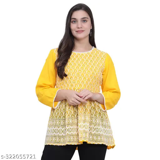 Nature Craft Yellow Georgette embroidered  Women Tops