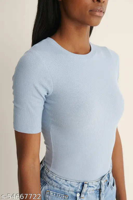 Round Neck Half Sleeve  Ribbed  Top for Women