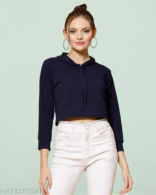 New Solid Cotton Blend Dark Blue Crop Western Wear Top
