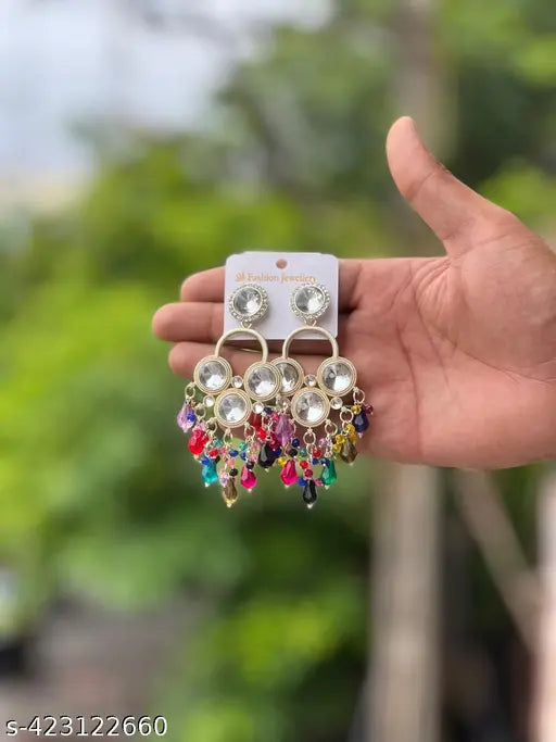 Stone-Studded Pearl Dangler Earrings