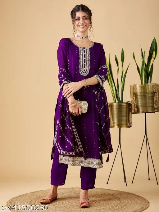 Women's Silk Embroidered Kurta and Pant with Dupatta