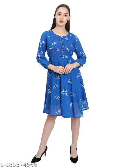 Nature Craft Women Blue Georgeot Round Neck Floral Print A-Line Dress