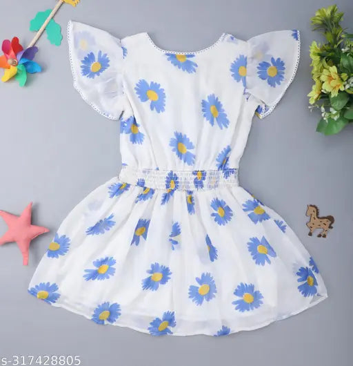 Nature Craft White Georgette Floral Half  Sleeve knee Length Kids Dress