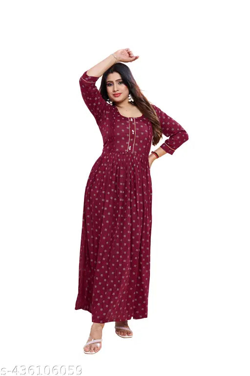 Ashima Designer Maroon Color Geometric Print Naira Cut Rayon Plus Size Kurti