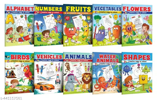 Alphabet  Numbers  Fruits  Vegetables  Flowers  Birds  Vehicle  Animals  Water Animals and Shapes - Creative Copy to Colour book : Toddlers Coloring Book  Easy Coloring Book for Young kids- Pack of 10 Copy Colouring books