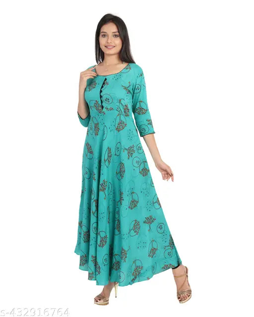 Ashima Designer Geometric Printed Round Neck Rayon Pattern Long Anarkali Full Flared Kurti