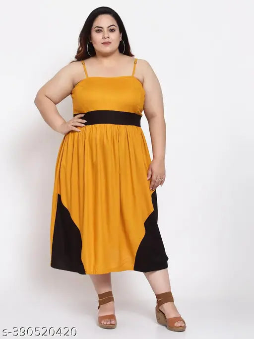 FAZZN Plus Size Yellow Rayon Calf Length Spaghetti Strap Dress
