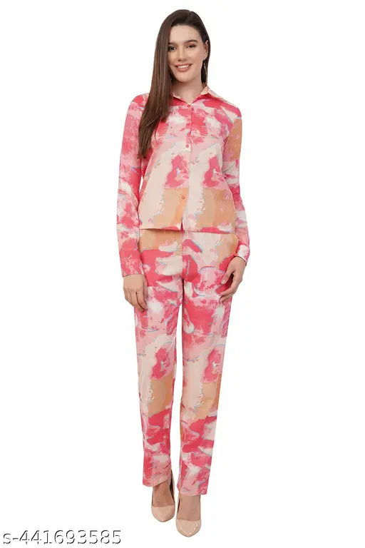 Women Stylish Cotton Blend Korean Abstract Printed Cuffed Full Sleeves Shirt And Bottom Co-ord Set With Front Pockets For Beach And Summer Occasions Casual And Party Wear