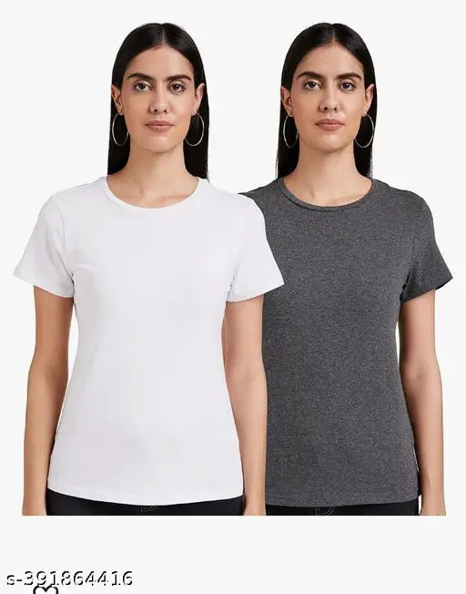 Nature Craft White&Greay Cotton Solid T-shirt For Women