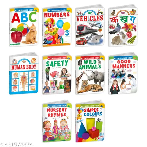 ABC  Numbers  Vehicles  Hindi varnmala  Human body  Safety  Wild animals  Good Manners  Nursery Rhymes and Shapes and Colours board books for kids : Board books for kids  ABC board books for kids  Learning books for kids - Set of 10 board books for kids.