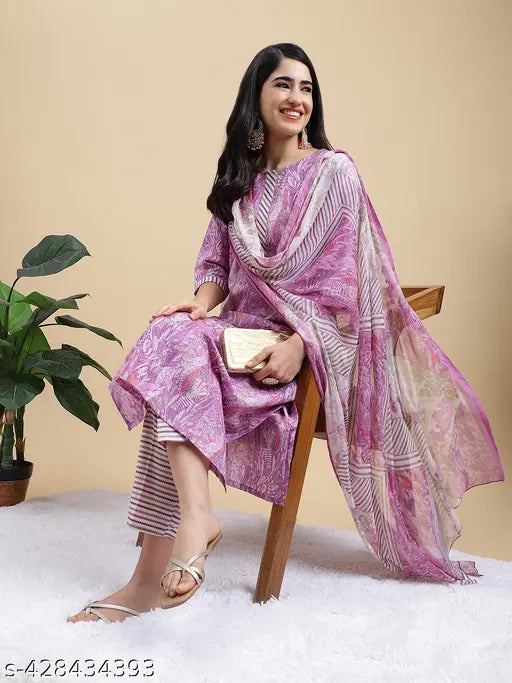 Women's Foil Print Kurta Pant with Dupatta Ethnic Set