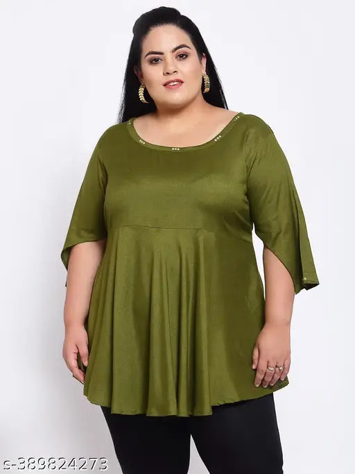 FAZZN Plus Size Green Rayon Boat Neck Three Quarter Sleeves Top