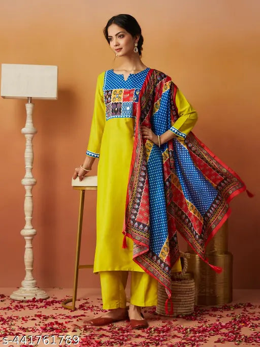 Women's Chinon Kurta & Pant With Dupatta Set