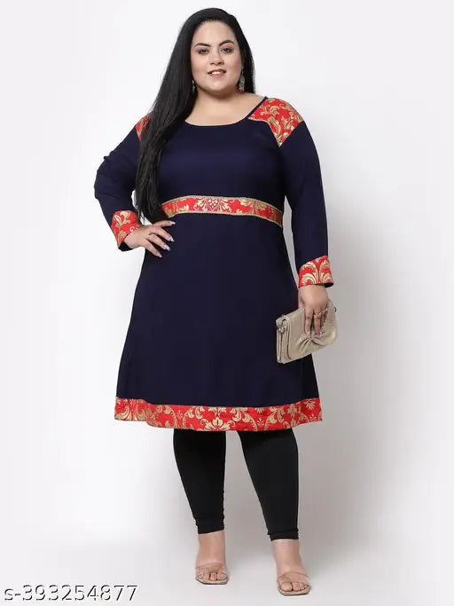 FAZZN Plus-Size Customizable Screen Printed / Foil Print Knee-Length Straight Kurti with Round Neck in Blue