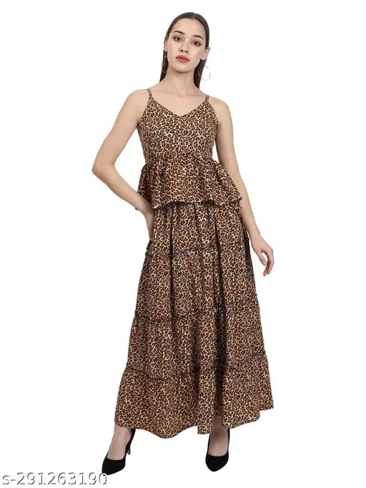 Nature Craft Women Multicolor Crepe stripe shoulder Floral Print Top with Long skirt set