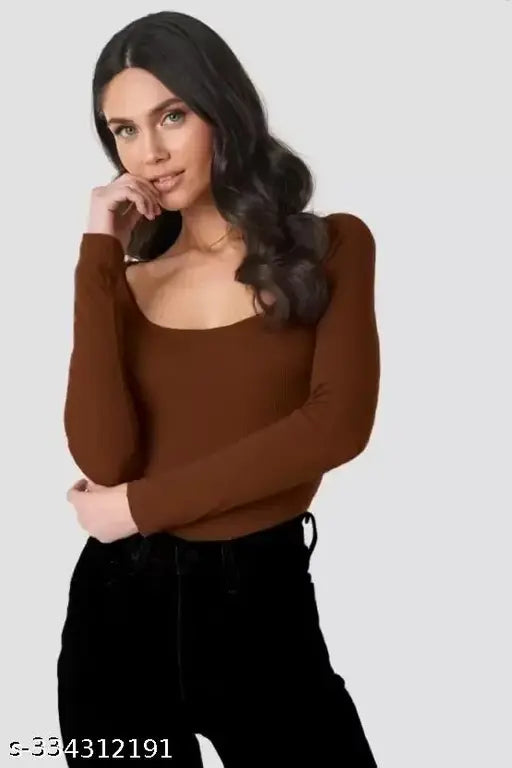 Women Casual Wear Deep Round Neck Full Sleeve Cotton Blend Ribbed Top for women and girls