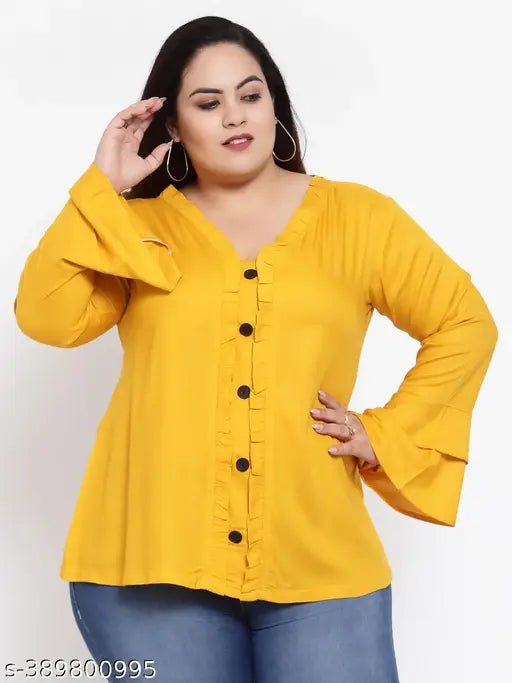 FAZZN Plus-Size Customizable Plunging Neck Full Sleeves Yellow Rayon Top