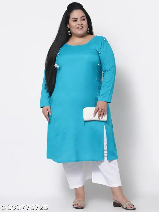 FAZZN Plus Size Blue Rayon Knee Length Straight Round Neck Solid Full Sleeve Kurti with Customization