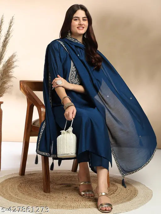 Women's Embroidered Kurta and Pant with Dupatta Set