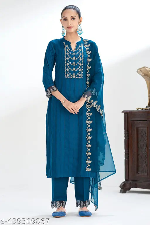 Women's Chinon Kurta & Pant With Dupatta Set