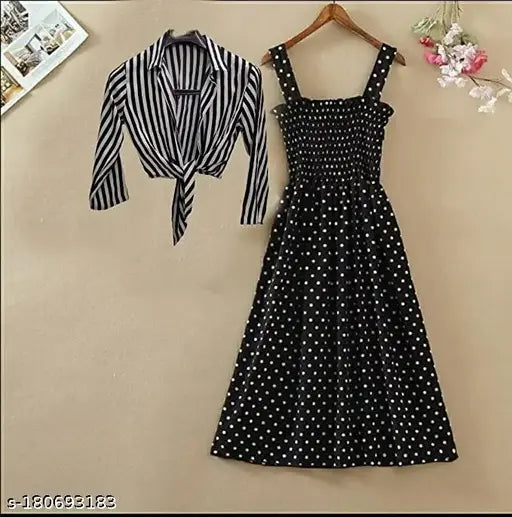 Nature Craft Women Stylish and Trendy Polka Black Stripe Shrug Smoking Dress