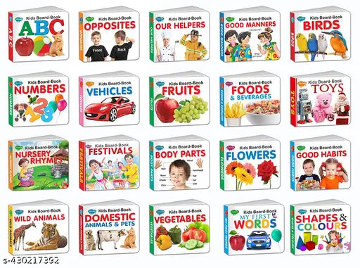 ABC  Vehicles  Fruits  Birds  Flowers  Numbers  Opposites  Body Parts  Shapes and Colours  My First Words  Vegetables  Domestic Animals & Pets  Wild Animals  Good Habits  Good Manners  Our Helpers