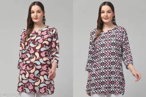 Women printed multicolour 3/4 sleeve rayon short kurti pack of 2