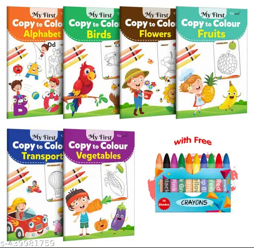 My First Copy to Colour -Alphabet  Birds  Flowers  Fruits  Transport and Vegetables with 10 WAX CRAYONS :Copy Colouring book  Colouring book for kids  Art book for children - Pack of 6 Colouring Books