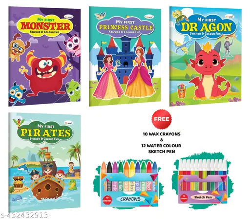 My First Monster  Princess Castle  Dragen and Pirates Sticker and Colour Fun with 10 Wax Crayons and 12 Water colour Sketch Pens : Kids colouring book  Educational Kids Art Book  Coloring Book with Stickers - Pack of 4 Colouring Books