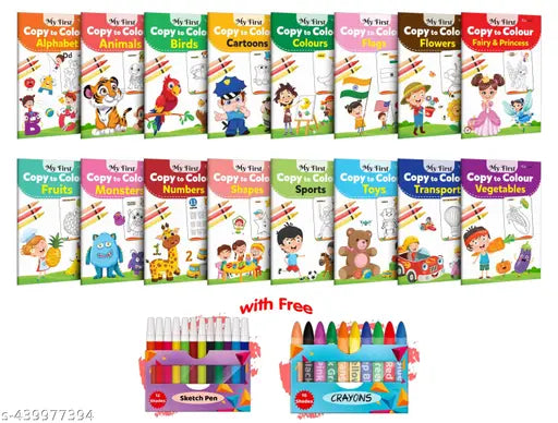 My First Copy to Colour - Alphabet  Animals  Birds  Cartoons  Colours  Monster  Flowers and more with 12 WATER COLOUR SKETCH PEN & 10 COLOUR PENCILS : Kids Colouring book - Combo of 16 Colouring Books