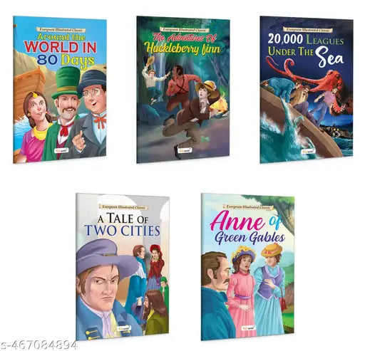 Evergreen Illustrated Classics : 20 000 Leagues Under the Sea  A Tale of Two Cities and more - Classic adventure stories for children  Children's learning books  Kids Story book - Pack of 5 books