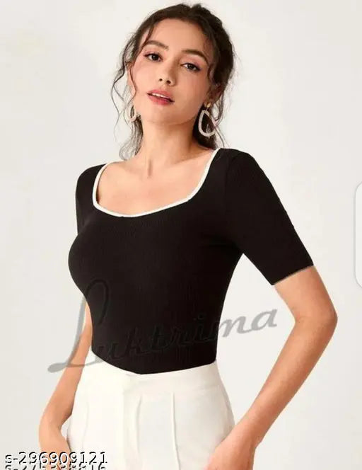 Deepneck Contrast Short Sleeve Urbane Designer Women Tops & Tunics