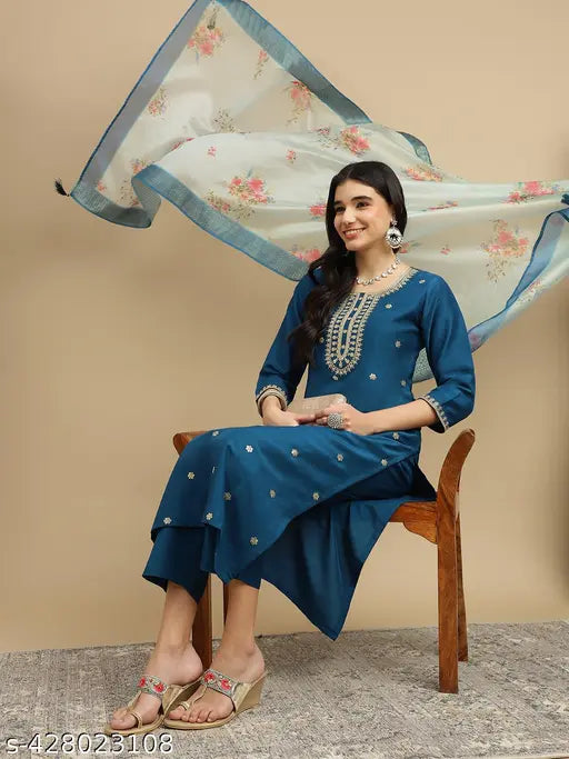 Women's Chinon Kurta & Pant with Dupatta Set
