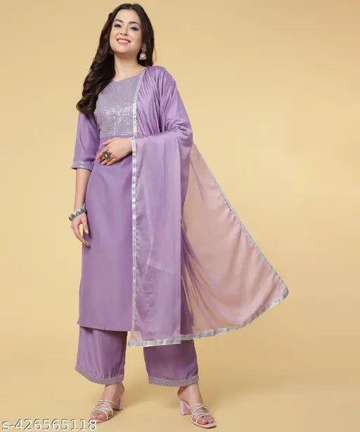 Women's Embroidered Kurta & Palazzo with Dupatta Set