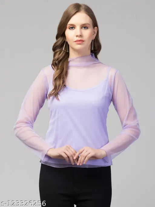 Women Girls Solid Mesh Tops & Tunics