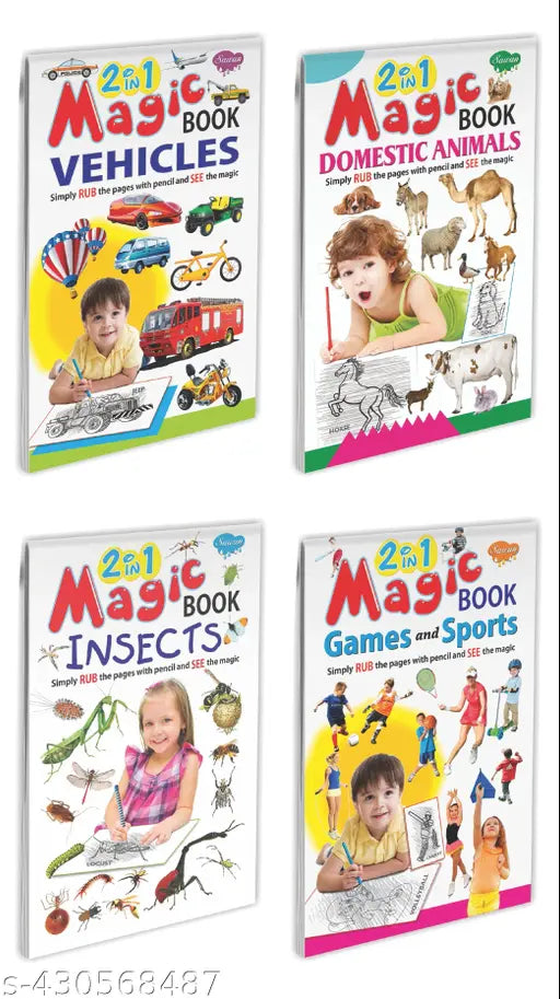 2 in 1 Magic Book of Flowers-Vehicles  Domestic Animals-Wild Animals  Birds-Insects and Games and Sports-Toys books for kids : Magic books for kids  Colouring books for kids  Colouring Activity books for kids - Set of 4 2 in 1 Magic Books for Childrens.
