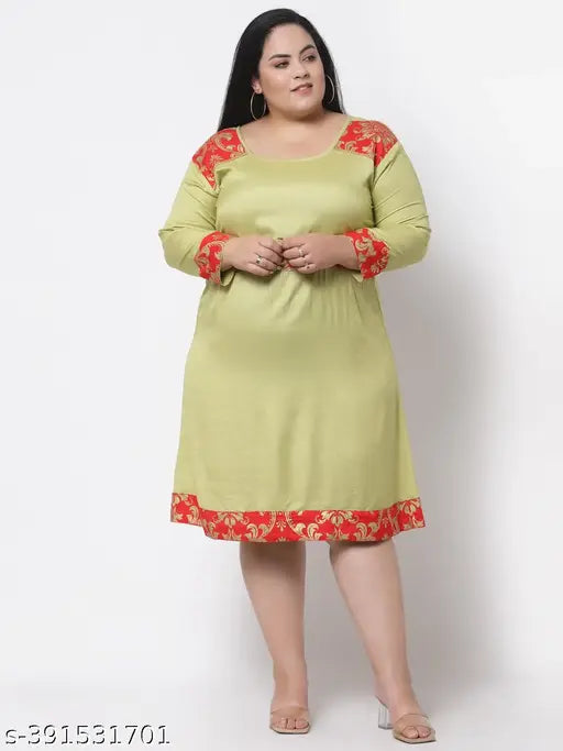 FAZZN Plus Size Customizable Knee-Length Round Neck Full Sleeves Green Rayon Dress