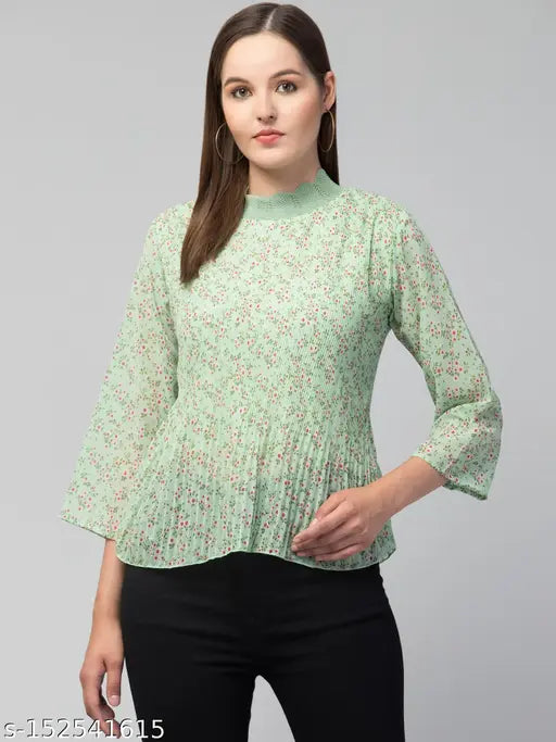 Women Pleated Ribbed Neck Floral Top