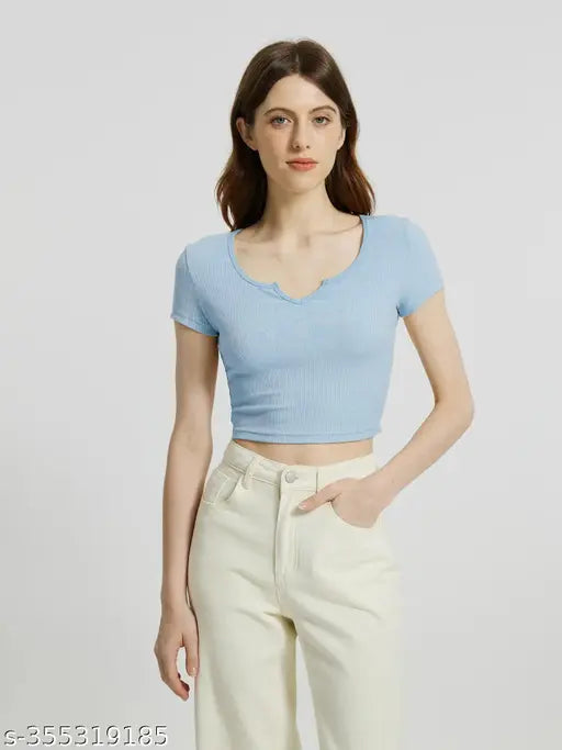 Women Casual Wear V Neck V Cut Half Sleeve Crop Cotton Blend Ribbed Top