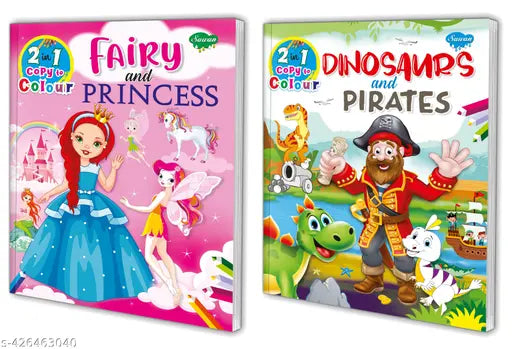 Dinosaurs & Pirates and Fairy & Princess colouring book for kids : Copy colouring book  Colouring book for kids  Book of copy to colour  Kids colouring book - Pack of 2 copy to colour books.