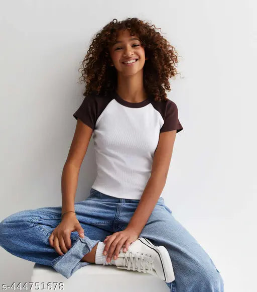 Round Neck Contrast Short Sleeves Casual Top