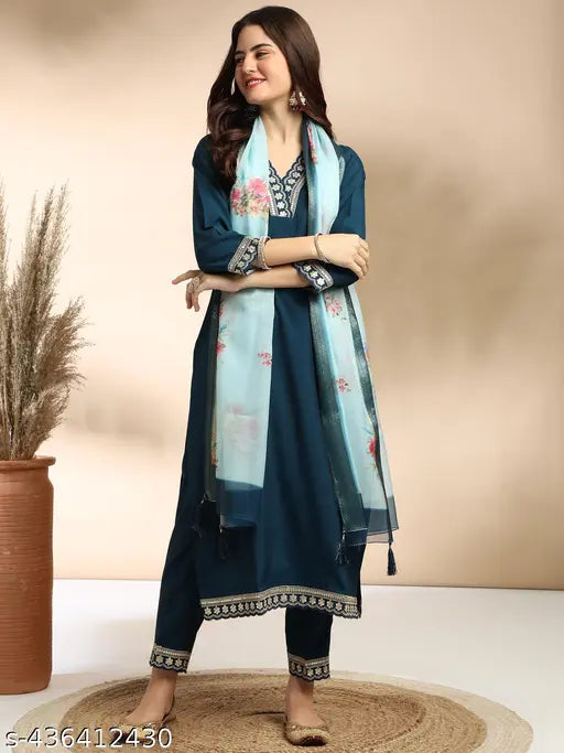 Women's Embroidered Kurta and Pant with Dupatta set