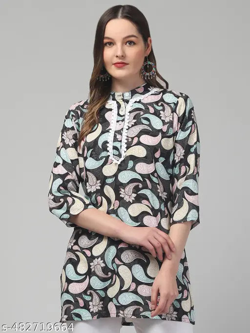 Women printed laces 3/4 sleeve rayon short kurti