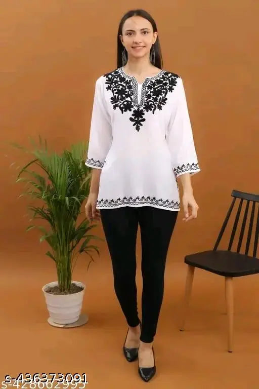 Kashmiri cotton short kurti for girls and womens white