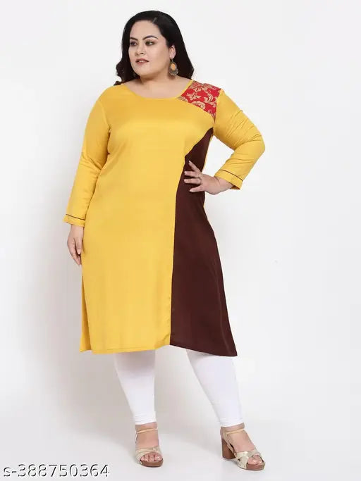 FAZZN Plus Size Yellow Rayon Knee Length Straight Boat Neck Solid Full Sleeve Kurti