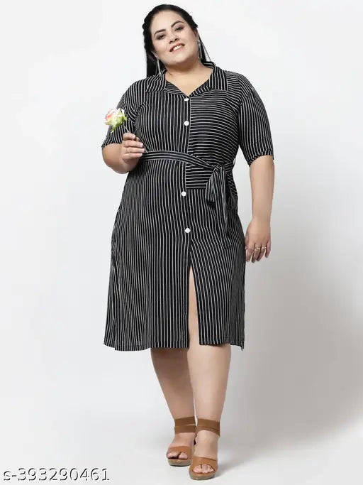 FAZZN Plus Size Black Striped Rayon Knee Length Dress with Collared Neck and Half Sleeves