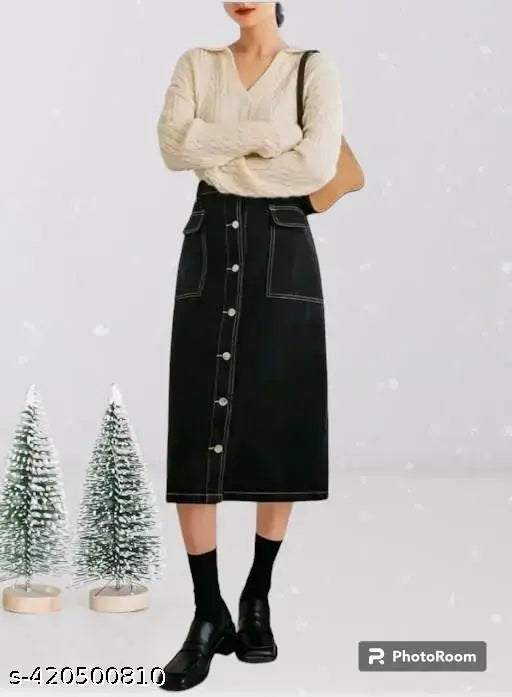 Soften-Woman Black Denim Long Skirt