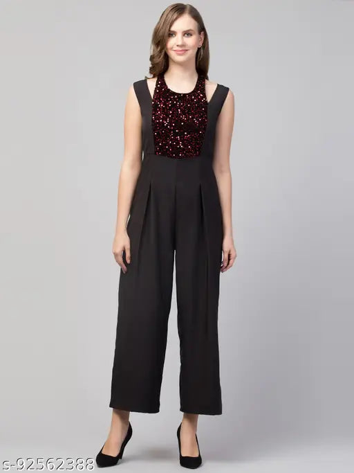 Women Girls Sequined Style Sleeveless Solid Black Jumpsuit for women